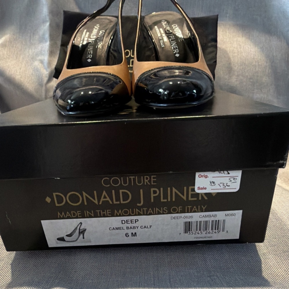 Donald J Pliner Slingback Stiletto Heels Cap Toe Colorblock Camel Black. Y2K - Picture 2 of 5